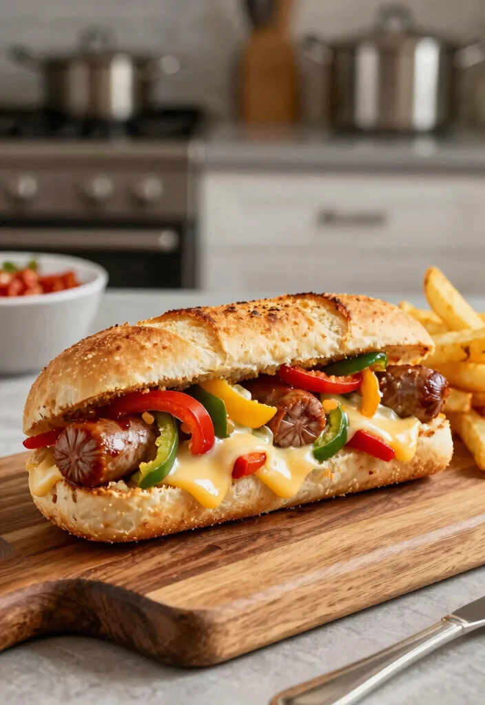 16 French Bread Dinner Ideas (Meals You Can Make with a Loaf) - 15. Sausage and Peppers French Bread Sandwich 1