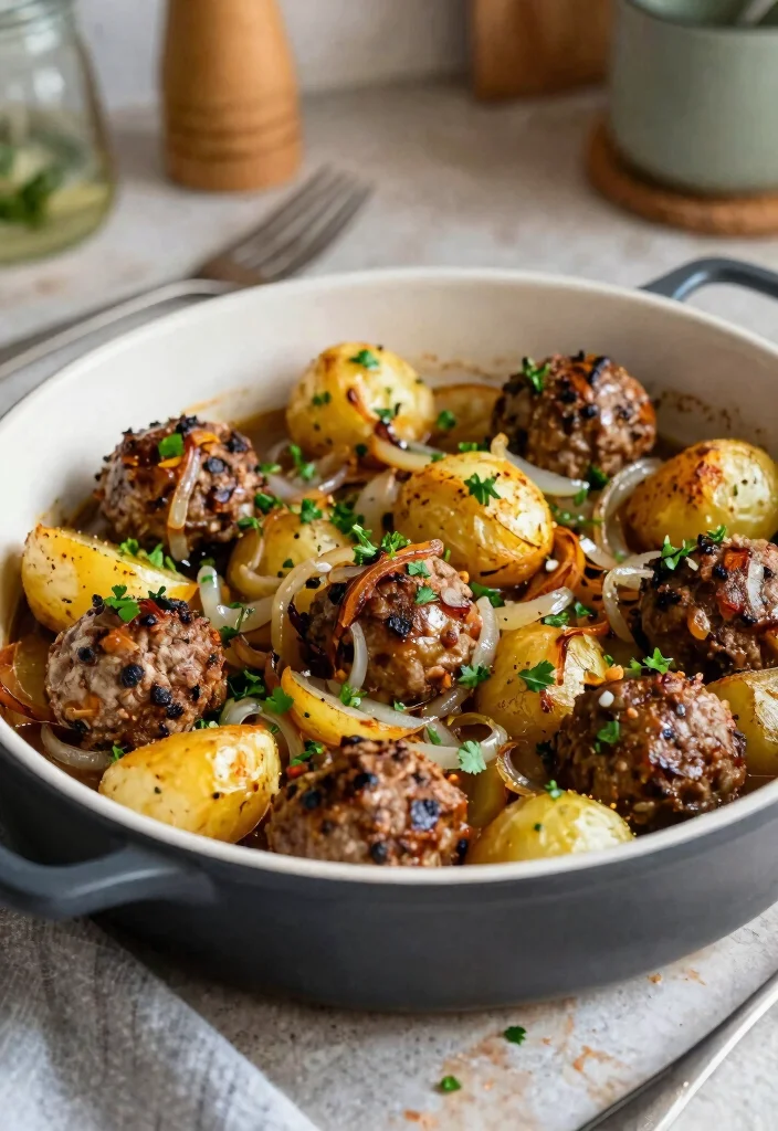 16 French Onion Meatballs Recipes for Cozy Appetizers and Meals - 7. One-Pan French Onion Meatballs and Potatoes 1