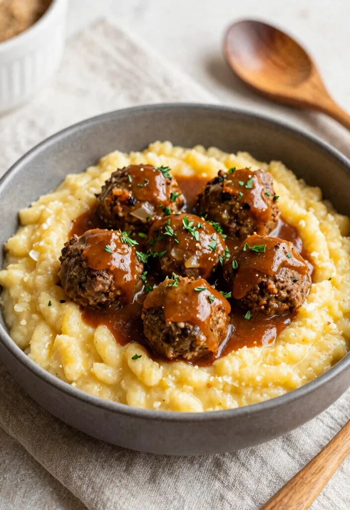 17 Crockpot French Onion Meatballs Recipes (Slow Cooker Favorites) - 10. French Onion Meatballs with Polenta 1