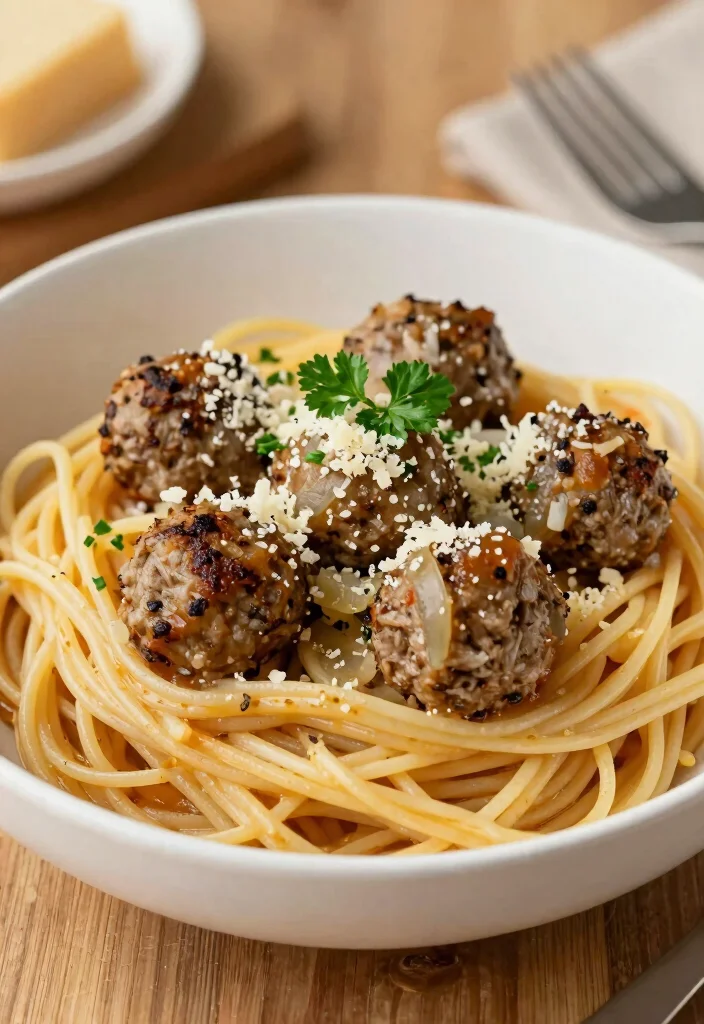 17 Crockpot French Onion Meatballs Recipes (Slow Cooker Favorites) - 12. French Onion Meatballs with Spaghetti 1