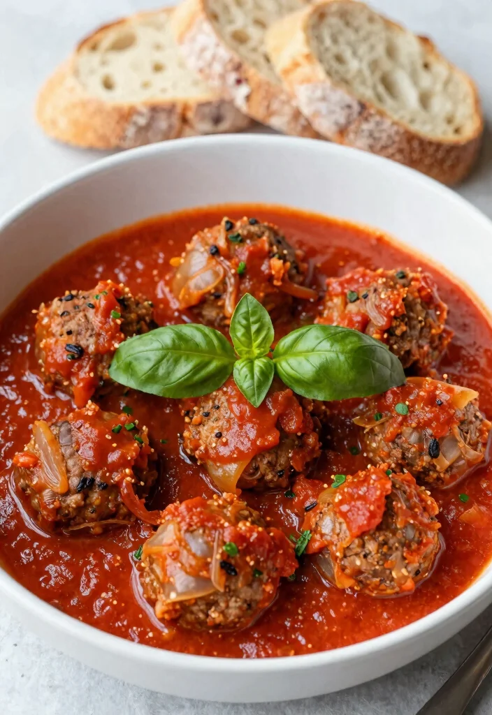 17 Crockpot French Onion Meatballs Recipes (Slow Cooker Favorites) - 13. French Onion Meatballs in Tomato Sauce 1