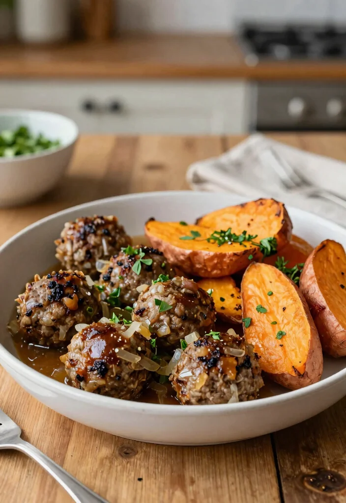 17 Crockpot French Onion Meatballs Recipes (Slow Cooker Favorites) - 16. French Onion Meatballs with Sweet Potatoes 1
