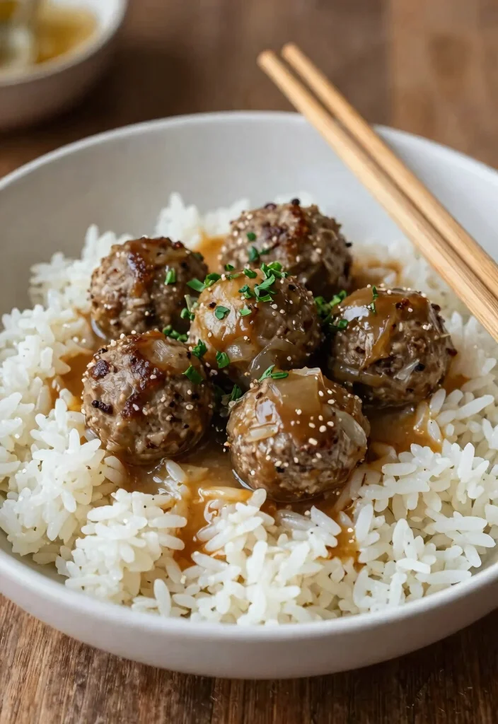 17 Crockpot French Onion Meatballs Recipes (Slow Cooker Favorites) - 7. French Onion Meatballs with Rice 1