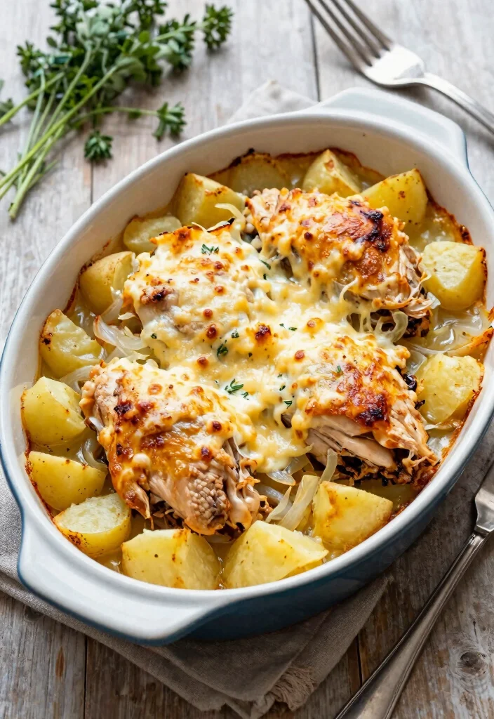 17 French Onion Chicken Bake Recipes with Melted Cheese - 9. French Onion Chicken and Potatoes Bake 1