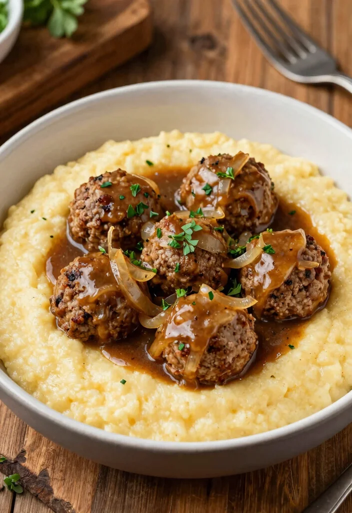17 French Onion Soup Meatballs Recipes with Rich Gravy - 10. French Onion Meatballs with Creamy Polenta 1