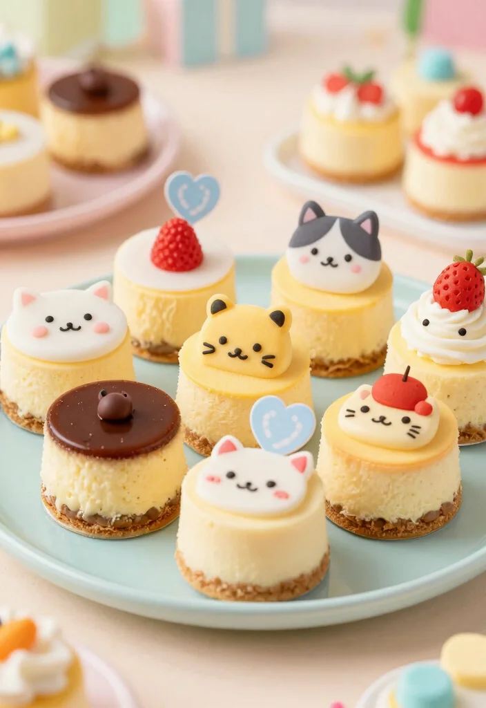 18 Cute Japanese Cheesecake Decoration Ideas (Kawaii Style) - 15. Mini Cheesecakes with Kawaii Toppers 1