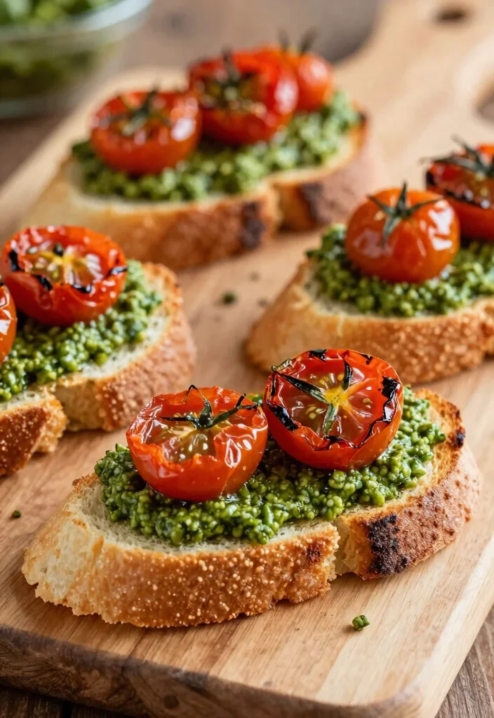 18 Easy French Bread Appetizers Recipes for Parties - 9. Pesto and Roasted Tomato Tartines 1
