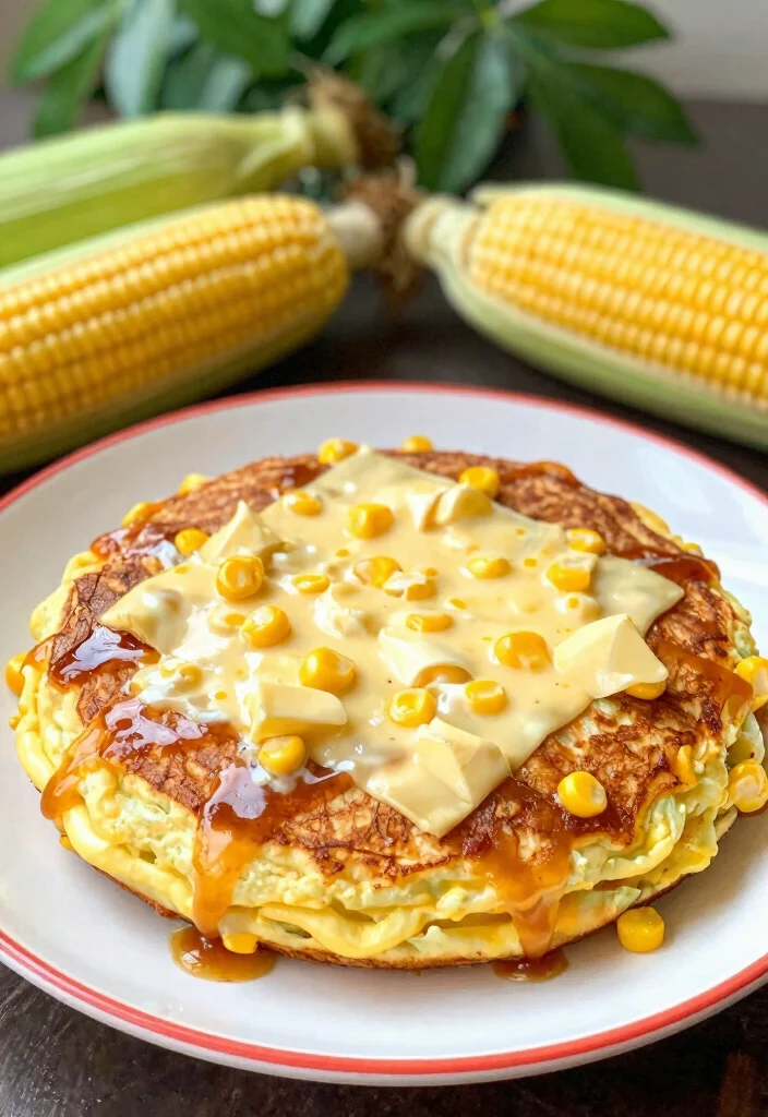 18 Japanese Pancake Okonomiyaki Recipes (Savory Street Food) - 14. Corn and Cheese Okonomiyaki 1
