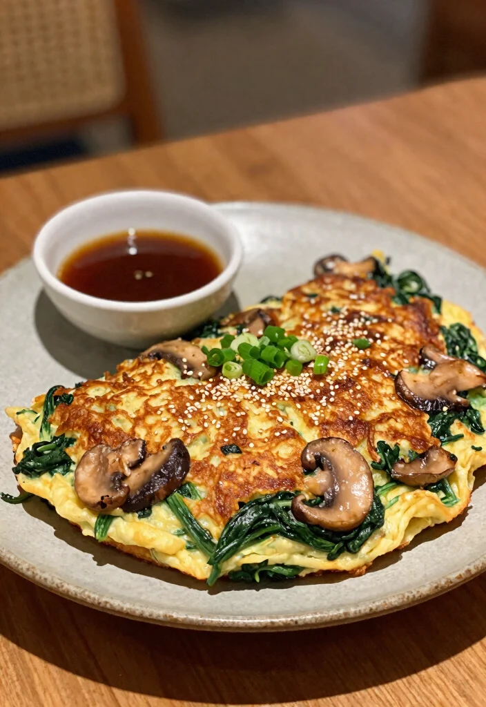 18 Japanese Pancake Okonomiyaki Recipes (Savory Street Food) - 5. Mushroom and Spinach Okonomiyaki 1