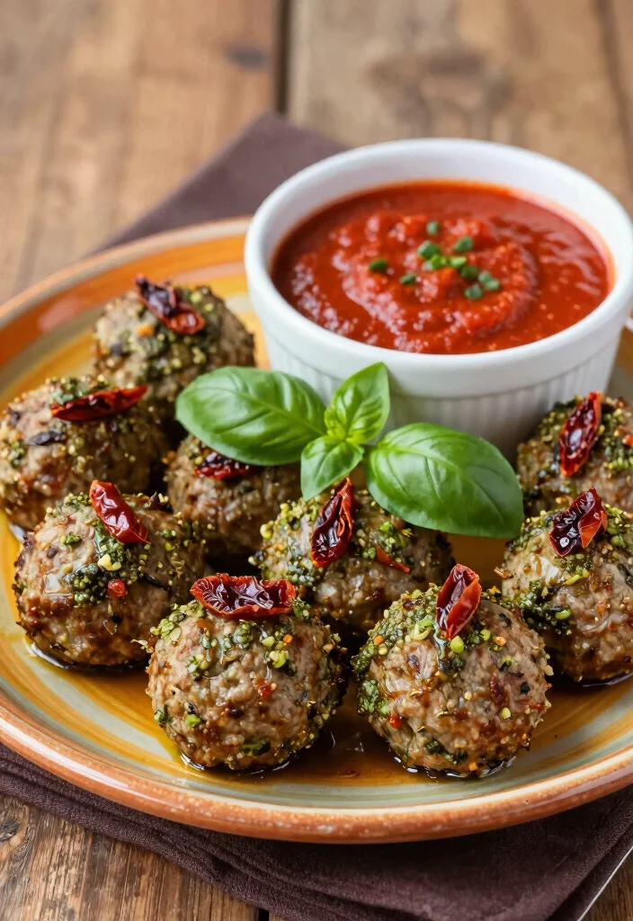 19 Italian Meatball Appetizer Recipes (Party Perfect) - 13. Pesto and Sun-Dried Tomato Meatballs 1