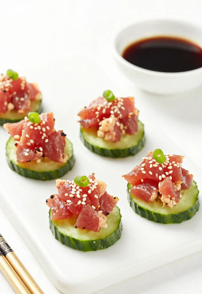 20 Easy Japanese Snacks Recipes (Homemade Favorites) - 16. Spicy Tuna Tartare on Cucumber Slices 1