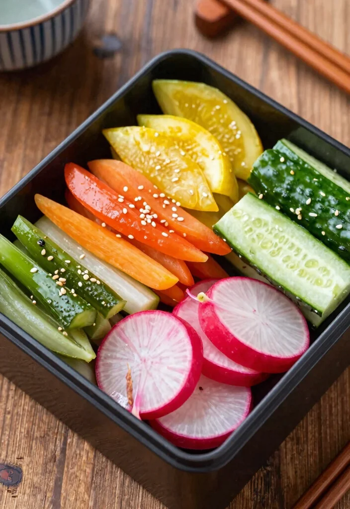 20 Japanese Food Bento Lunch Box Ideas (Cute & Practical) - 14. Japanese Pickles Bento 1